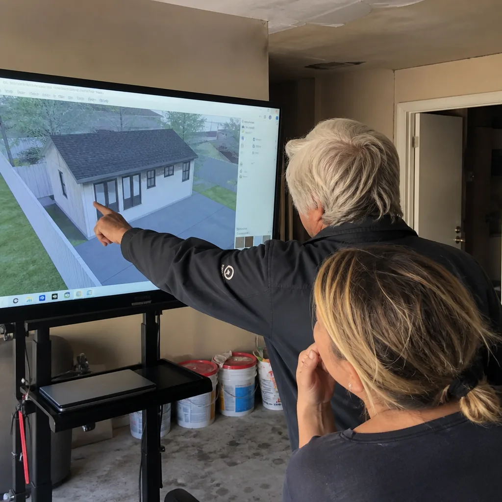 Architectural professional reviewing ADU design plans with a client