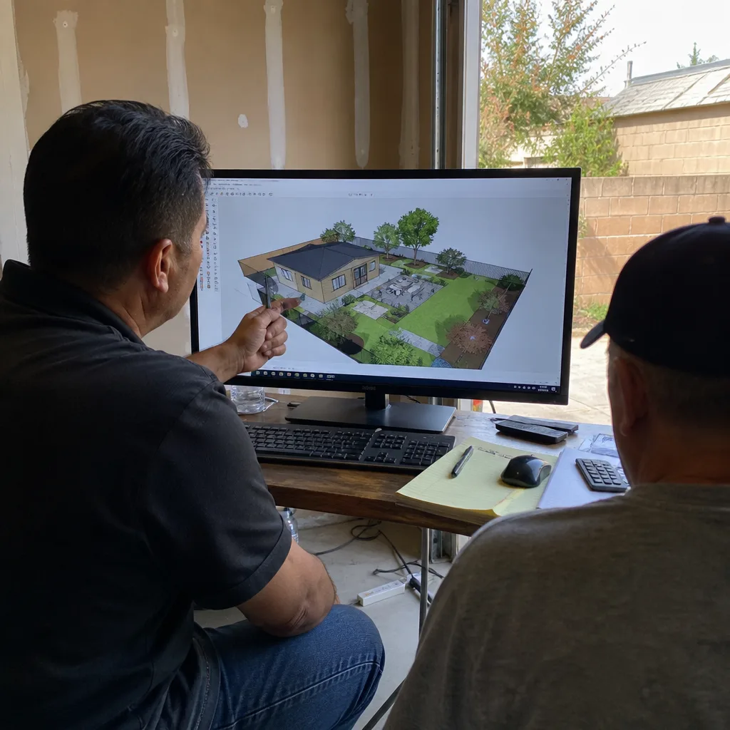 Designer discussing ADU architectural plans on a computer monitor with client