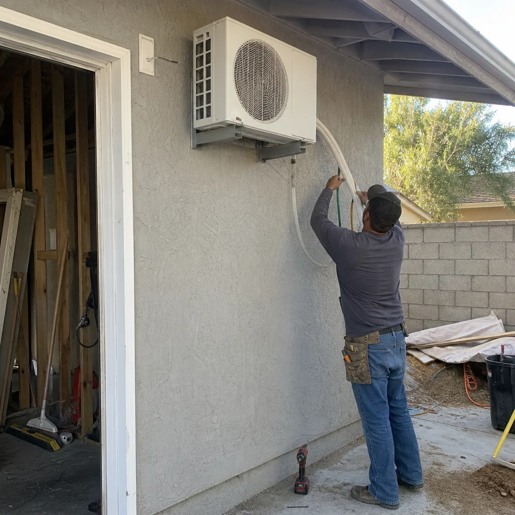Technician installing a mini-split air conditioner during a garage ADU conversion.