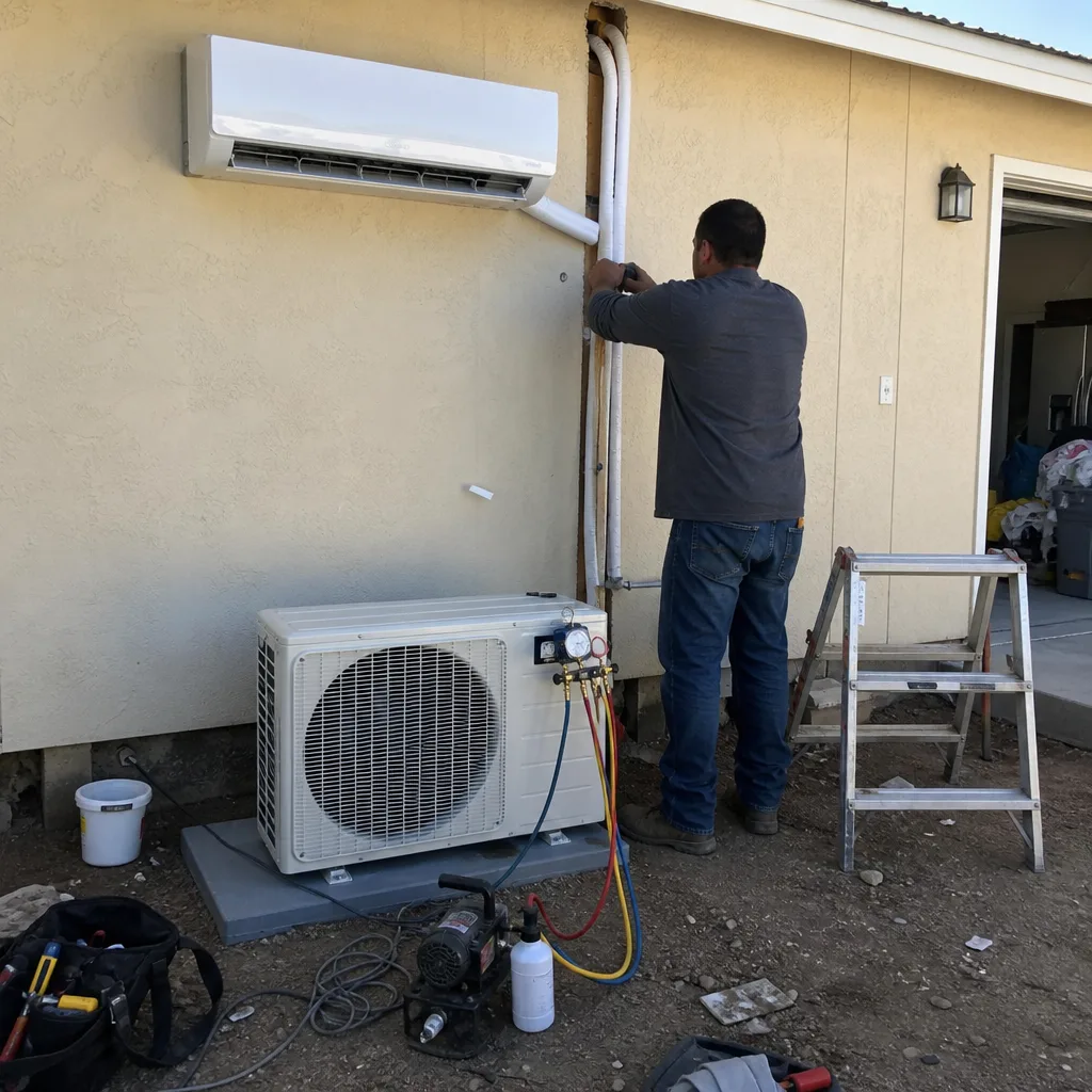 HVAC technician installing ductless mini-split system for garage ADU conversion