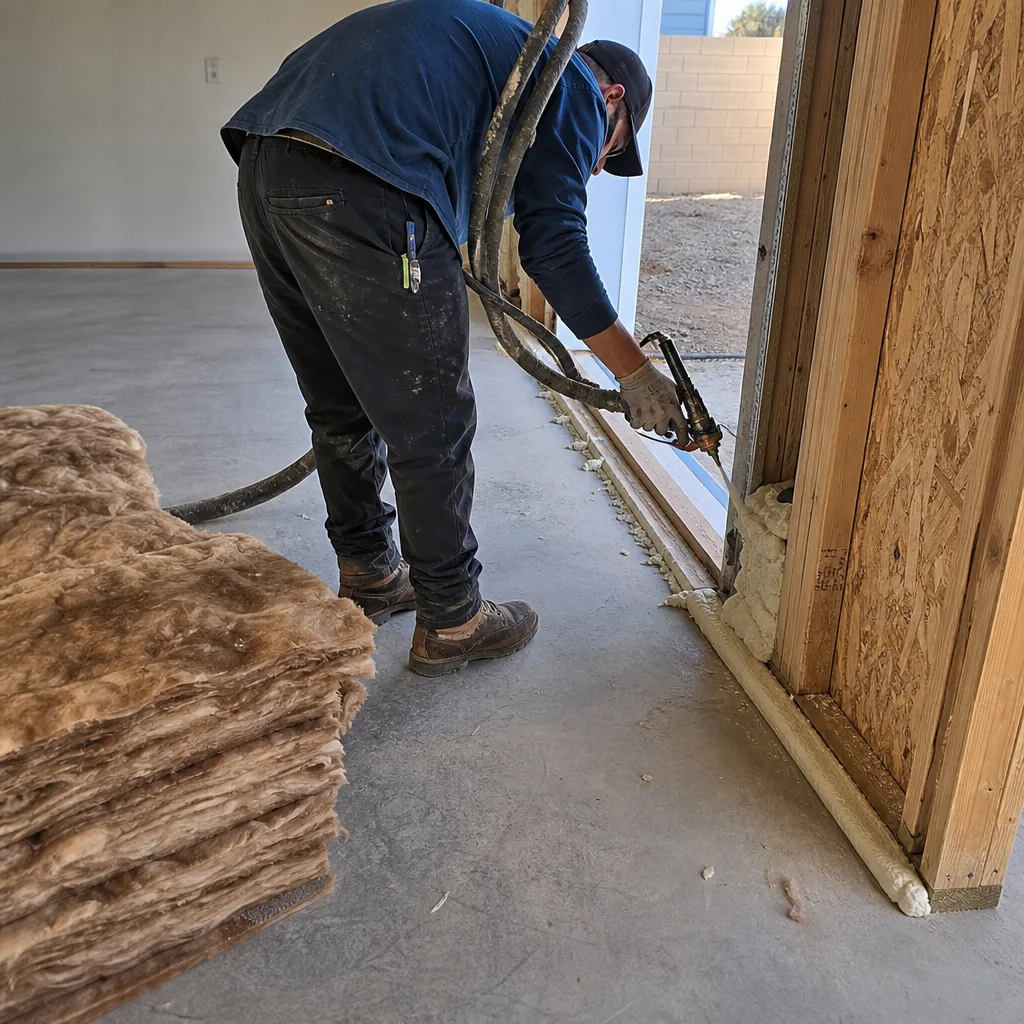 Professional applying spray foam insulation during a garage ADU conversion