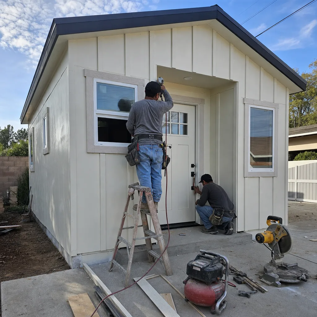 Two construction workers installing a door on a modern detached ADU.
