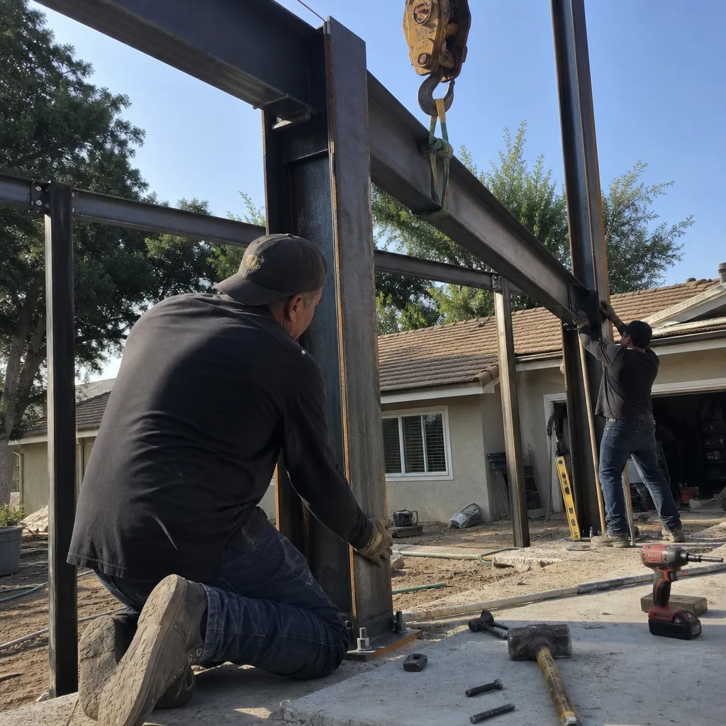 construction workers installing steel framing for a new detached accessory dwelling unit