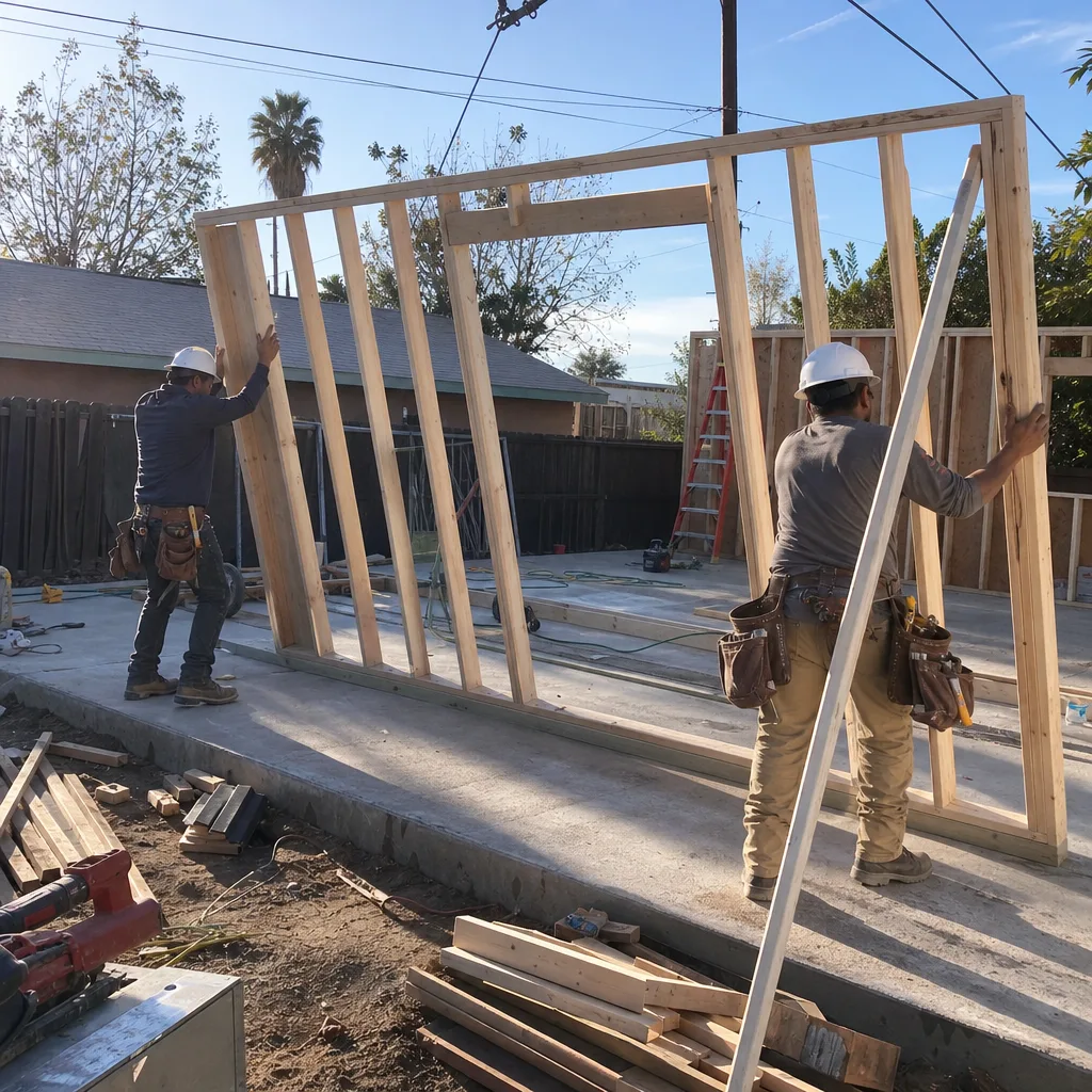 Construction workers installing a wood-framed wall panel for an ADU project.